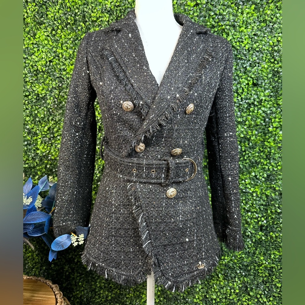 Nwt Black Tweed‎ raw hem Women's pea Coat with belt preppy chic